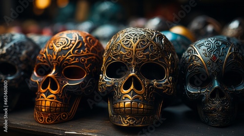 The haunting masquerade of death, as skulls donning masks dance upon a table, a dark and twisted display of macabre beauty