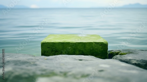 Square Stone Podium in green Colors in front of a blurred Seascape. Luxury Backdrop for Product Presentation
