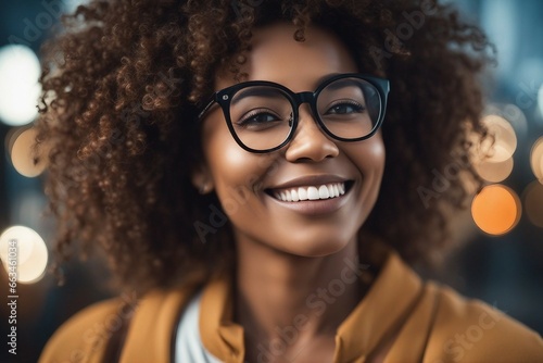 Elegant Radiance: A Close-Up Portrait of a Cheerful Curly Black Woman in Glasses, Set Against a Background of Soft Bokeh Bliss.
