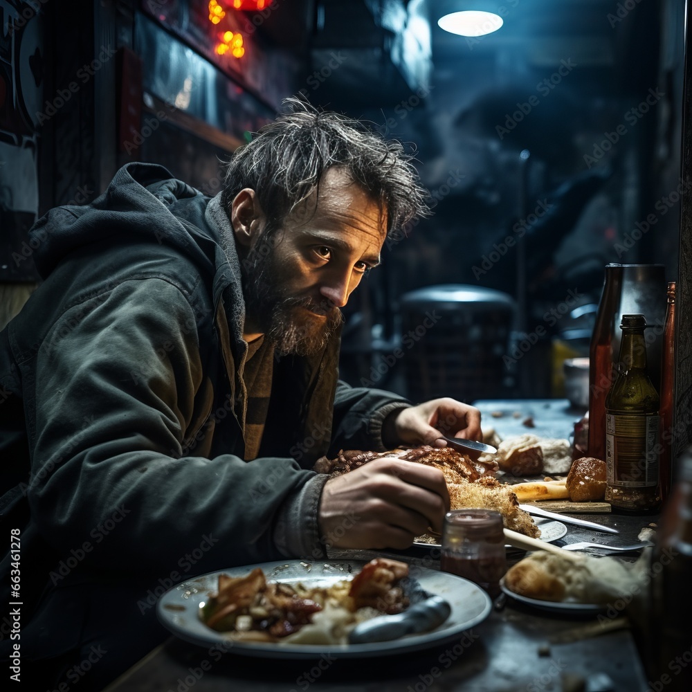 A man experiencing homelessness dining in a restaurant