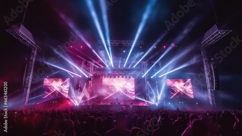 Large concert stage in music festival at night with crowd people cheering the concert