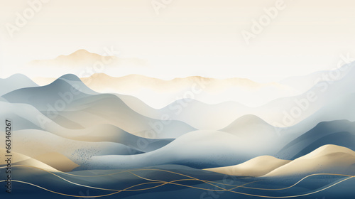 Soft pastel color watercolor abstract brush painting art of beautiful mountains, mountain peak minimalism landscape with golden lines, panorama banner illustration photo