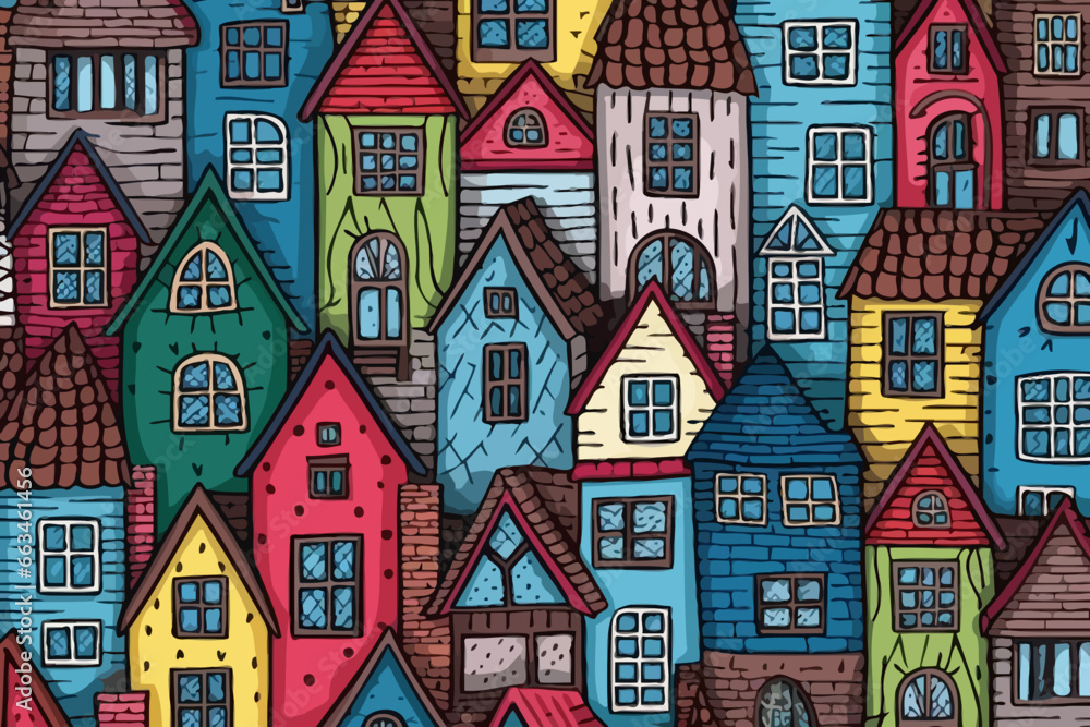Naklejka premium Tudor-style homes quirky doodle pattern, wallpaper, background, cartoon, vector, whimsical Illustration