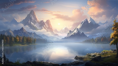  a painting of a mountain lake with a sunset in the background. generative ai