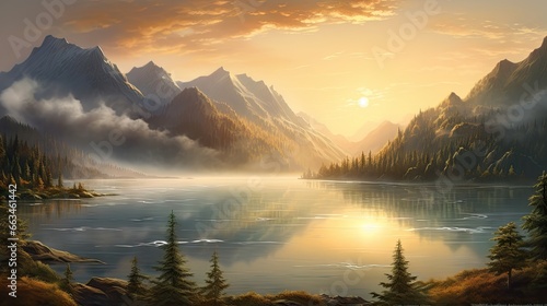  a painting of a mountain lake with trees and clouds in the background. generative ai
