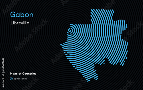 Abstract map of Gabon with circle lines. identifying its capital city, Libreville African set. Spiral fingerprint series