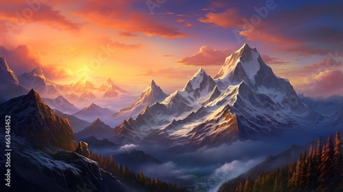  a painting of a mountain range with a sunset in the background.  generative ai © Anna