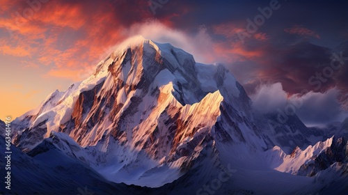  a mountain covered in snow under a pink sky with clouds. generative ai