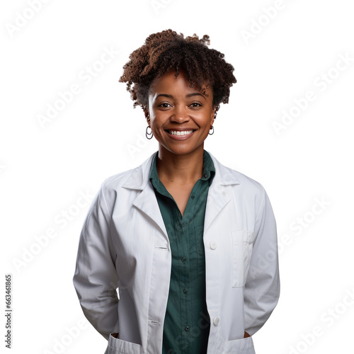 Black female scientist standing up, body view, smiling