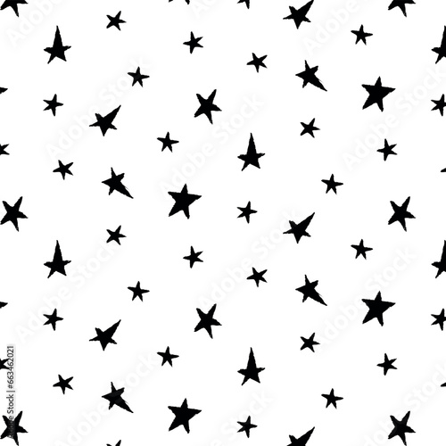 Pattern of black stars on a transparent background, seamless print for textiles and design. Wind painted with a brush