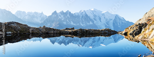 Panorama of Chesery lake (Lac De Cheserys) in France Alps. Monte Bianco mountains range on background. Landscape photography, Chamonix