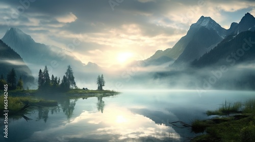  a lake surrounded by mountains and trees under a cloudy sky.  generative ai