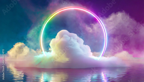 d render, abstract neon background with illuminated cloud and round geometric arch. Mystical foggy scene