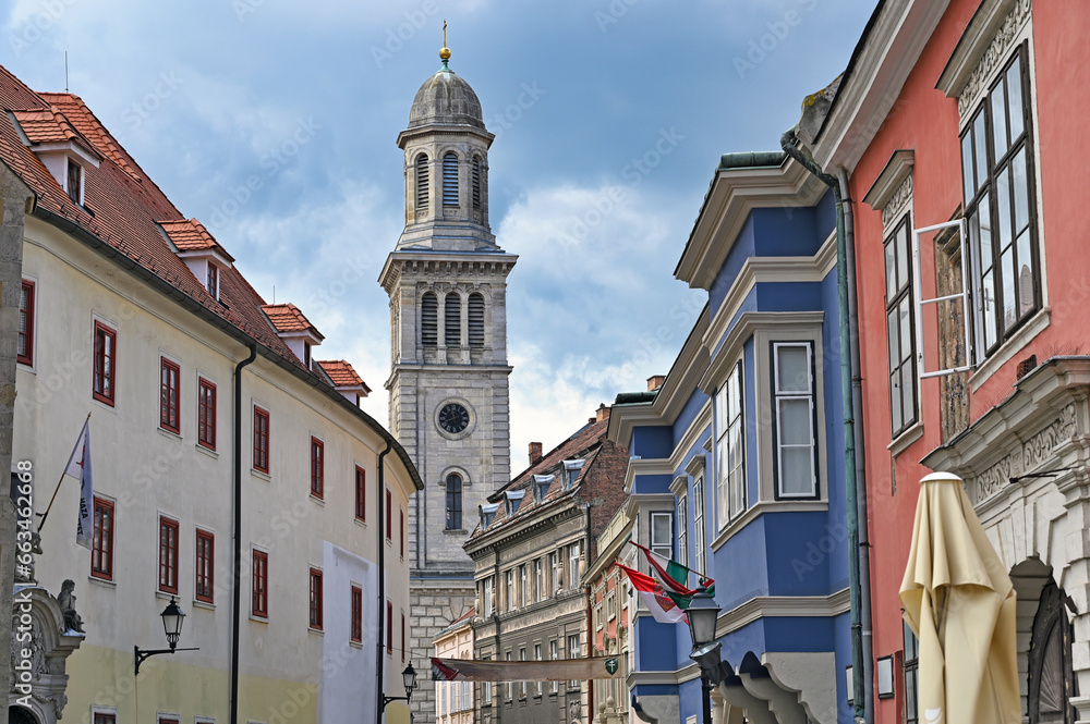 Church clock tower in Sopron Hungary