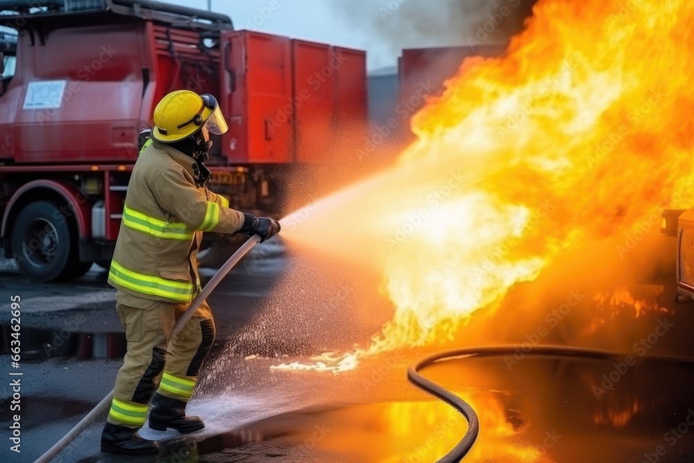 Firefighter using chemical foam fire Firefighter using chemical foam fire