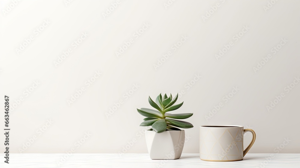  two mugs with a plant in them on a table.  generative ai