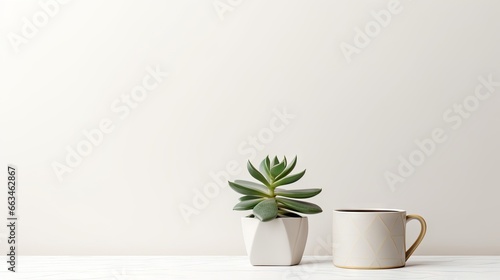  two mugs with a plant in them on a table. generative ai