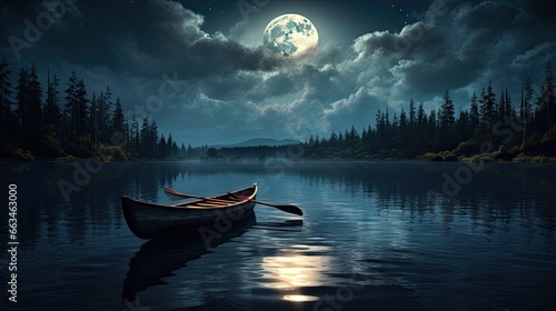  a boat floating on top of a lake under a full moon. generative ai