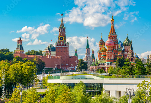 Moscow cityscape with Cathedral of Vasily the Blessed (Saint Basil's Cathedral) and towers of Moscow Kremlin, Russia photo