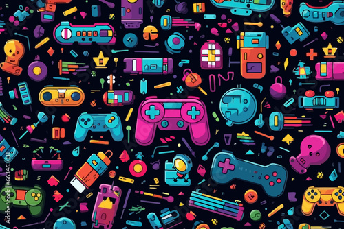 Retro video game quirky doodle pattern, wallpaper, background, cartoon, vector, whimsical Illustration