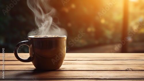  a cup of hot coffee with steam rising from it on a wooden table. generative ai