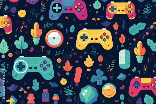 Retro video game quirky doodle pattern, wallpaper, background, cartoon, vector, whimsical Illustration photo