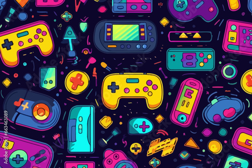 Retro video game quirky doodle pattern, wallpaper, background, cartoon, vector, whimsical Illustration