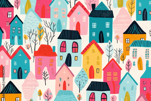 Contemporary homes quirky doodle pattern, wallpaper, background, cartoon, vector, whimsical Illustration