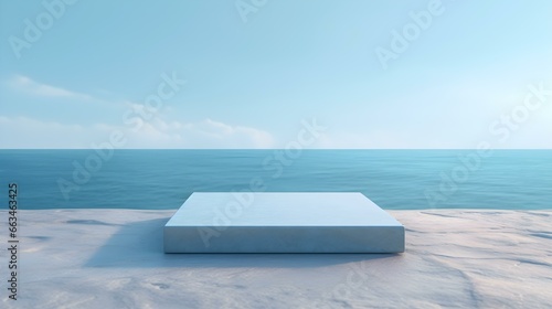 Square Stone Podium in light blue Colors in front of a blurred Seascape. Luxury Backdrop for Product Presentation © drdigitaldesign