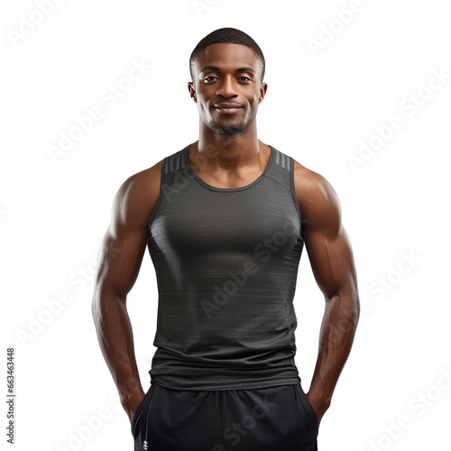 Black male athlete standing up, body view, smiling