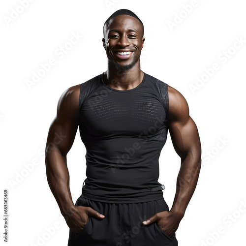 Black male athlete standing up, body view, smiling