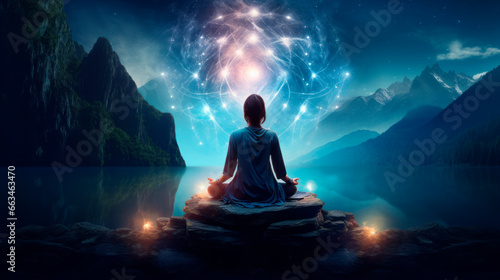 Calm yogi from behind, practices yoga in lotus pose on lake or river among mountains, under night sky with constellations and clouds