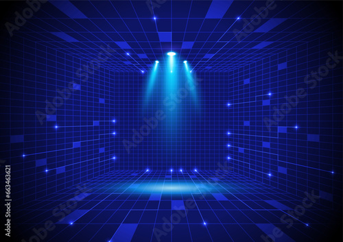 The dark stage with spotlights for display AI technology concept. Abstract dark futuristic blue night background. Vector illustartor.