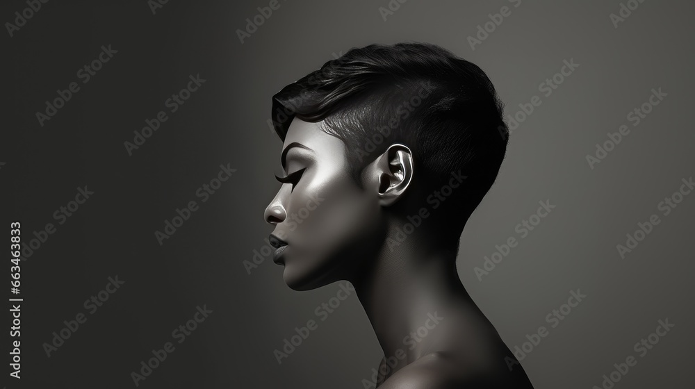 Elegant Black and White Portrait - Attractive Young Black Lady with Short Hair Style, Minimalistic Silhouette Elegant Black and White Portrait - Attractive Young Black Lady with Short Hair Style, Minimalistic Silhouette