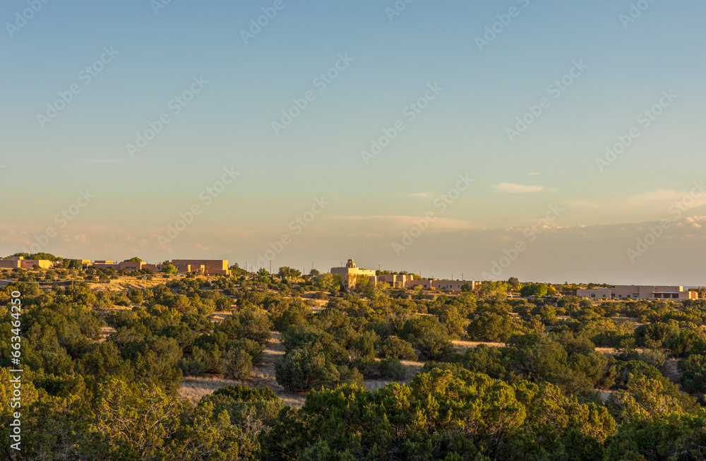 Southwest living. Santa Fe Residential Panorama on sunset. New Mexico, USA