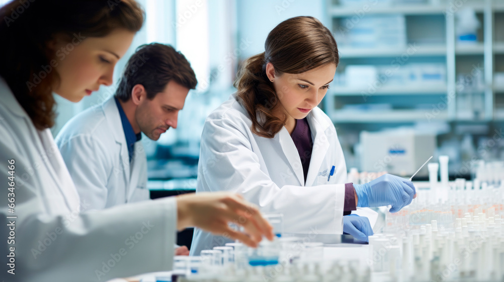 Young and intelligent brunette female pharmacist in product research laboratory precisely dosing and mixing various fluid liquids Young and intelligent brunette female pharmacist in product research laboratory precisely dosing and mixing various fluid liquids