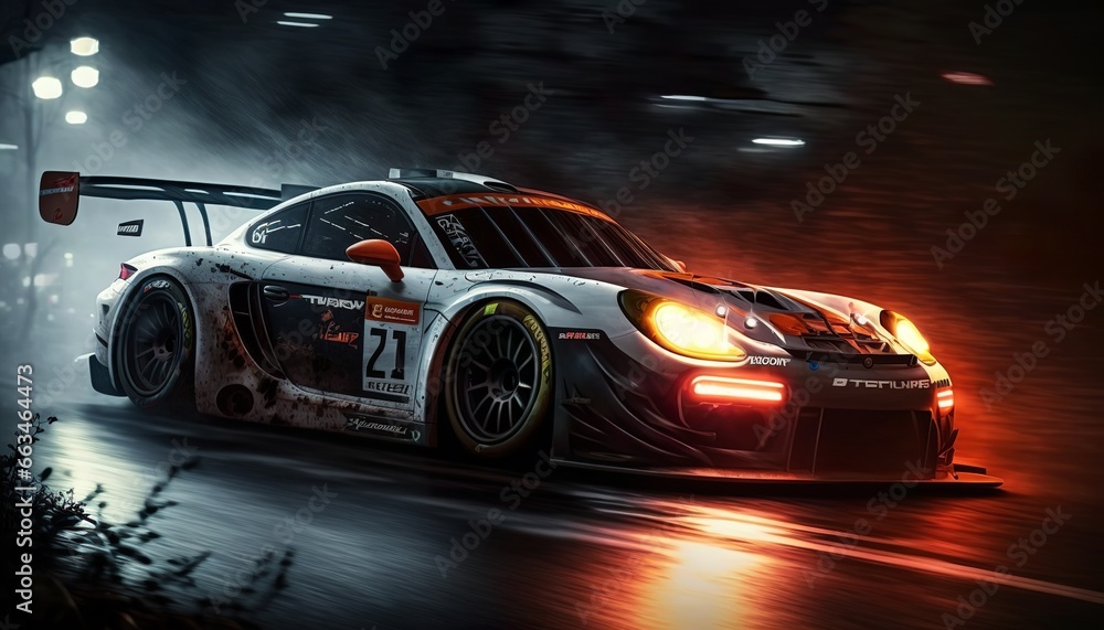 racing car speeding at night in the rain racing car speeding at night in the rain