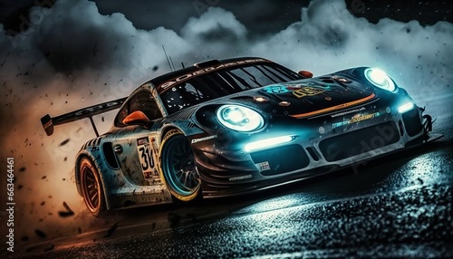 racing car drifting smoke at night