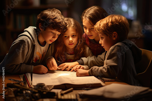 children talking and writing in classroom