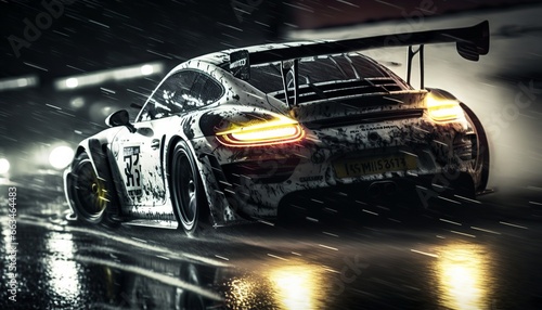 racing car speeding at night in the rain