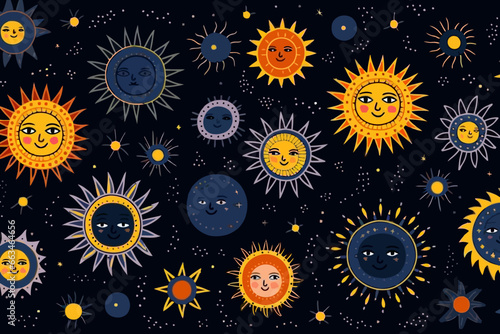 Solar eclipses quirky doodle pattern, wallpaper, background, cartoon, vector, whimsical Illustration