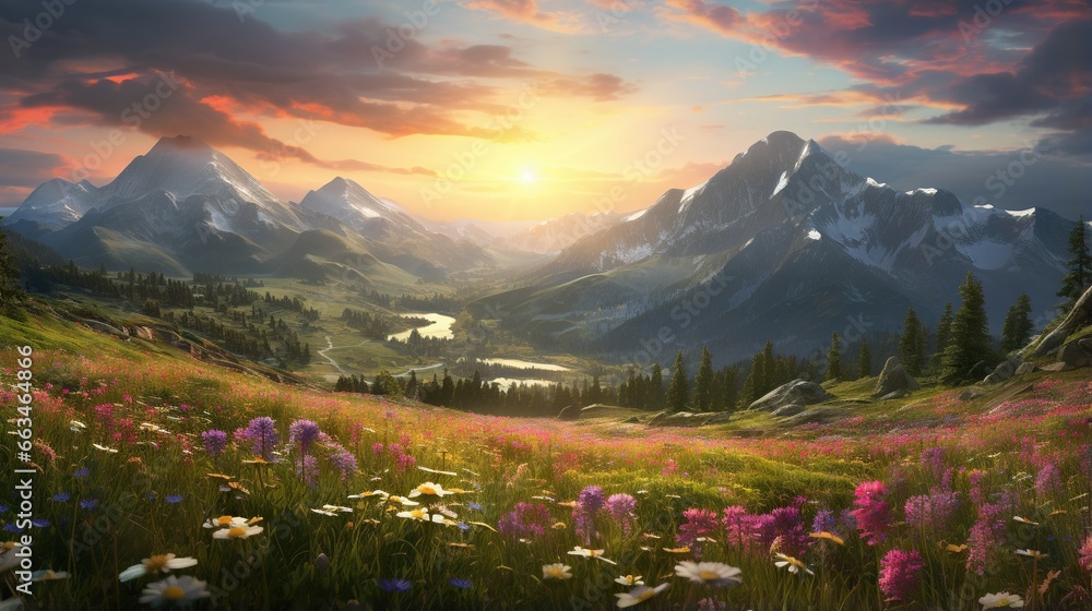  a painting of a beautiful mountain scene with wildflowers.  generative ai