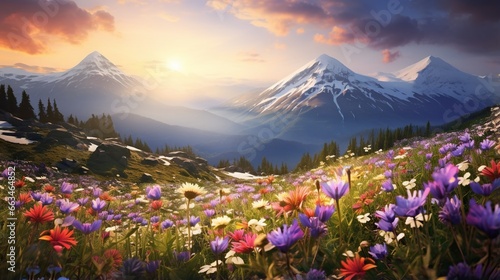  a painting of a beautiful mountain scene with wildflowers.  generative ai © Anna