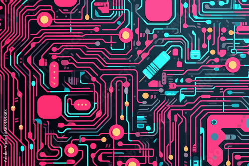 Circuit board texture quirky doodle pattern, wallpaper, background, cartoon, vector, whimsical Illustration