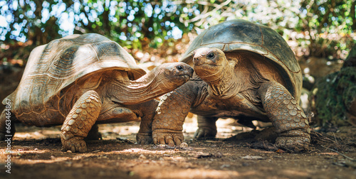 Photography Couple of Aldabra giant tortoises endemic species - one of the largest tortoises in the world in zoo Nature park on Mauritius island