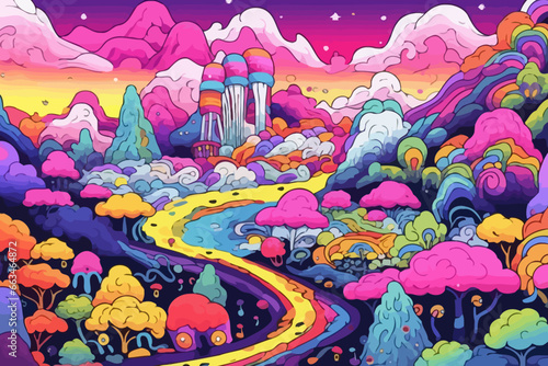 Video game landscape quirky doodle pattern, wallpaper, background, cartoon, vector, whimsical Illustration