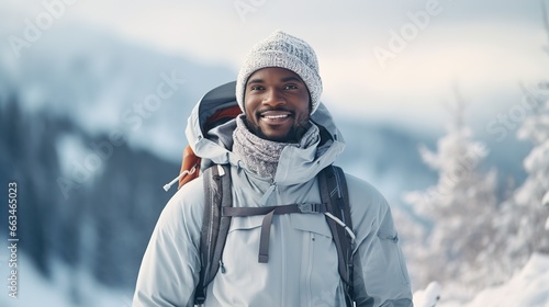 African American man in warm clothes with blurred snow covered landscape background. Winter hiker or cross country skier