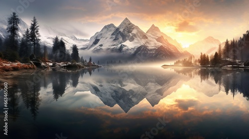  a mountain range is reflected in the still water of a lake.  generative ai © Anna