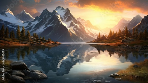  a painting of a mountain lake with a sunset in the background. generative ai