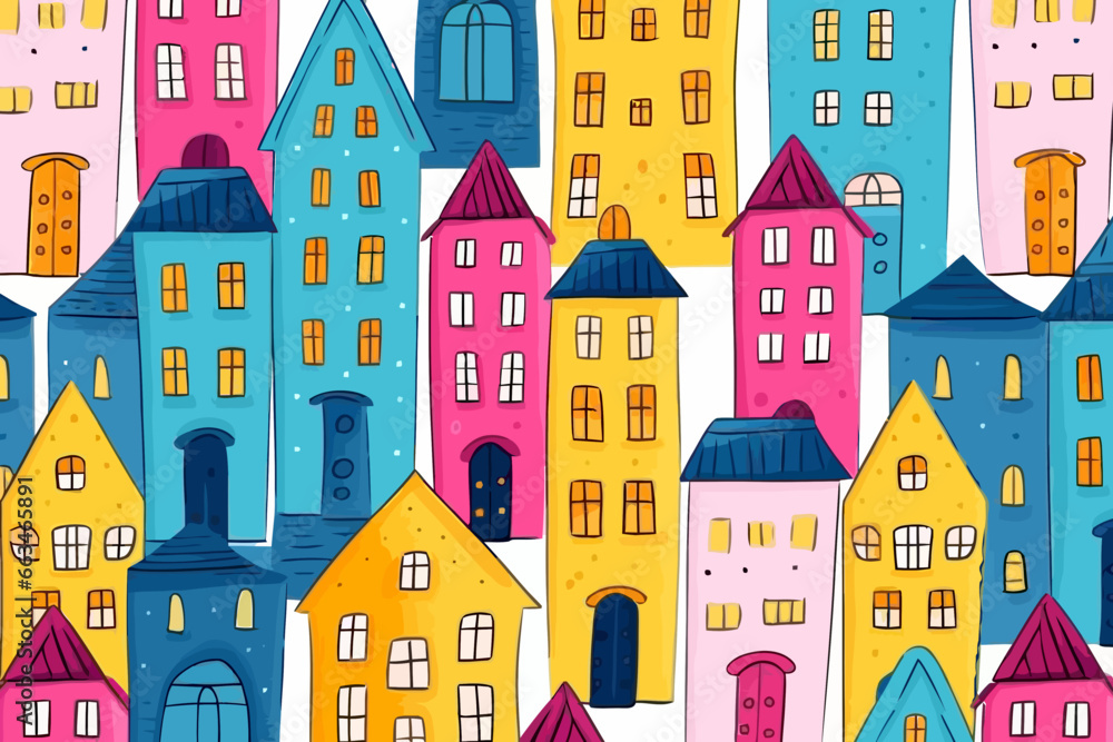 Multifamily properties quirky doodle pattern, wallpaper, background, cartoon, vector, whimsical Illustration
